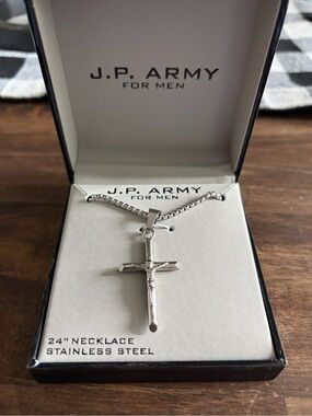 J.P. Army Men’s Silver Stainless Steel Cross Necklace - 24"